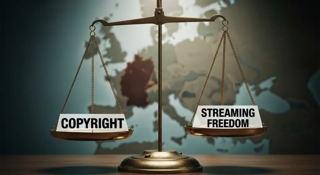 A visual metaphor of a legal scale, balancing copyright and streaming freedom, highlighting the complex legality of IPTV in Germany and Europe.